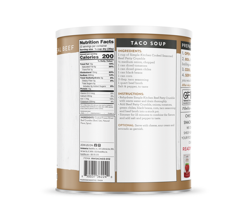 Freeze-Dried Seasoned Beef Patty Crumbles - 22 Serving #10 Can