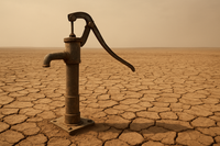 Old water pump on cracked dry earth in drought landscape, water scarcity concept