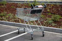 Empty shopping cart in a parking lot near landscaped greenery