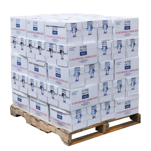 Pallet stacked with 10-year shelf life Aqua Literz emergency drinking water boxes