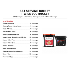 A product information graphic for ReadyWise emergency food storage supplies, showing two black buckets with red lids on a white background. The left side lists contents including cheesy lasagna, pasta, soup, brown sugar, freeze-dried peas, corn, vanilla pudding, dried banana chips, creamy yogurt style dessert, whey milk, and powdered eggs, with serving counts.