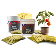 Seed Vault survival seed buckets, gold seed packets, and potted tomato plant on white background