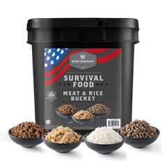 Wise Company Survival Food Meat & Rice Bucket with bowls of freeze-dried meat and rice