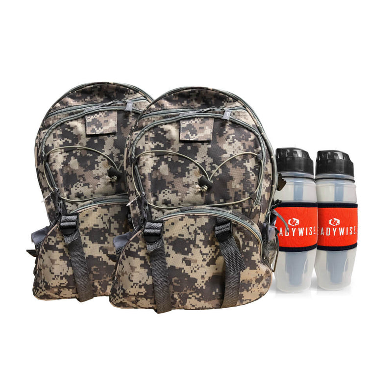 2 Camo Survival Backpacks + 2 Seychelle Water Filtration Bottles