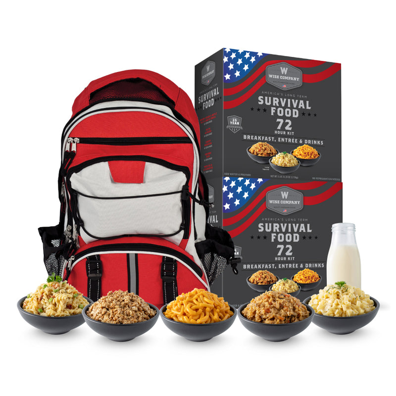 Buy a Red Survival Backpack, Get 2 Wise 72 Hr Kits Free