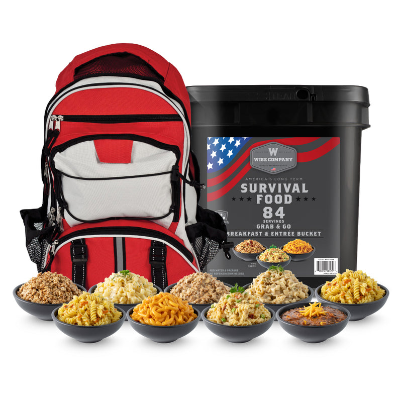 Survival Backpack + Wise 84 Serving Breakfast & Entrée Bucket Bundle