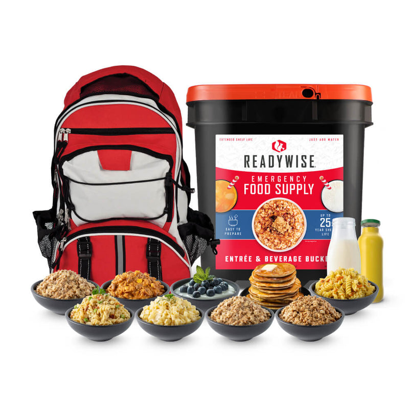 Buy a Red Survival Backpack, Get a 120 Serving Entree & Beverage Bucket Free