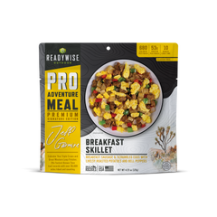 Breakfast Skillet: Breakfast Sausage and Scrambled Eggs with Cheesy Roasted Potatoes and Bell Peppers. 680 calories per pouch, 53g protein. Made in partnership with Jeff Garmire.