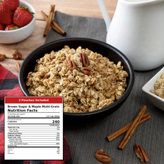 A bowl of brown sugar and maple multi-grain oatmeal with pecans, shown on a gray cloth with cinnamon sticks, strawberries, and a white pitcher in a kitchen setting. A nutrition facts label overlay is visible on the lower left.