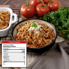 A bowl of cheesy lasagna pasta with tomato sauce, shredded cheese, and a parsley garnish, styled with whole tomatoes, parsley, a dish of pasta, and a nutrition facts label overlay on a rustic tabletop.