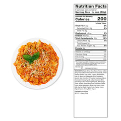 Cheesy lasagna on a white plate with basil garnish, nutrition facts label visible