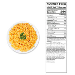Cheesy macaroni on white plate with parsley, next to nutrition facts label.