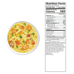 Bowl of chicken flavored noodle soup with peas and carrots, nutrition facts label beside it