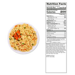 Creamy pasta with carrots and peas in bowl, nutrition facts label on right