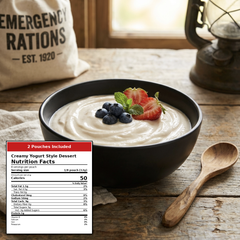 A bowl of creamy yogurt-style dessert with blueberries, a strawberry, and mint on a rustic wooden table. A printed nutrition facts label is overlaid in the lower left, and a vintage-style bag and lantern appear in the background.