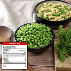Frozen dried peas in black bowls on a wooden table, with a nutrition facts label overlay in the lower left and parsley garnish on the right.