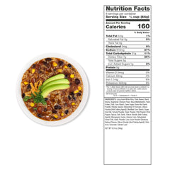 Hearty tortilla soup with black beans, corn, avocado slices in a bowl, and nutrition facts label.