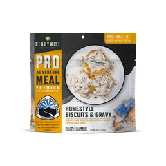 Homestyle Biscuits and Gravy Pouch: 640 Calories Per Pouch, 36g Protein. Made In Partnership With Continental Divide Trail Coalition.