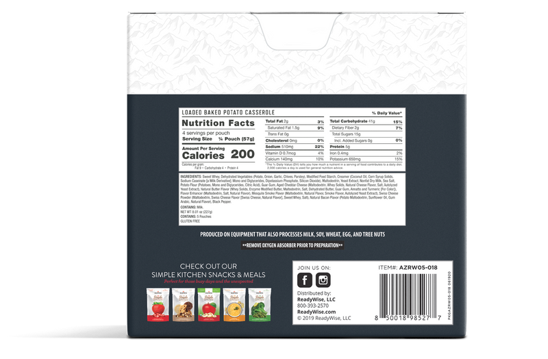 ReadyWise Loaded Baked Potato Casserole box with meal image, 20 servings, 25-year shelf life