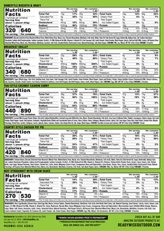 ReadyWise Pro Meal Nutrition Label:  Biscuits and Gravy: 640 Calories, 36g Protein Breakfast Skillet: 680 Calories, 53g Protein Thai Style Coconut Cashew Curry: 890 Calories, 23g Protein Country Style Chicken Pot Pie: 840 Calories, 35g Protein Beef Stroganoff with Cream Sauce: 530 Calories, 43g Protein