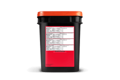 Black emergency food storage bucket with orange lid and nutrition labels on red background
