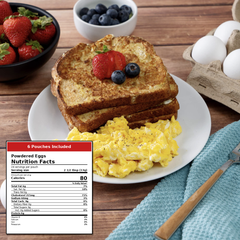 A plated breakfast scene on a wooden table with two slices of toasted bread topped with strawberries and blueberries, scrambled eggs, a bowl of blueberries, strawberries, and an egg carton. A nutrition facts label overlay appears in the lower left corner.