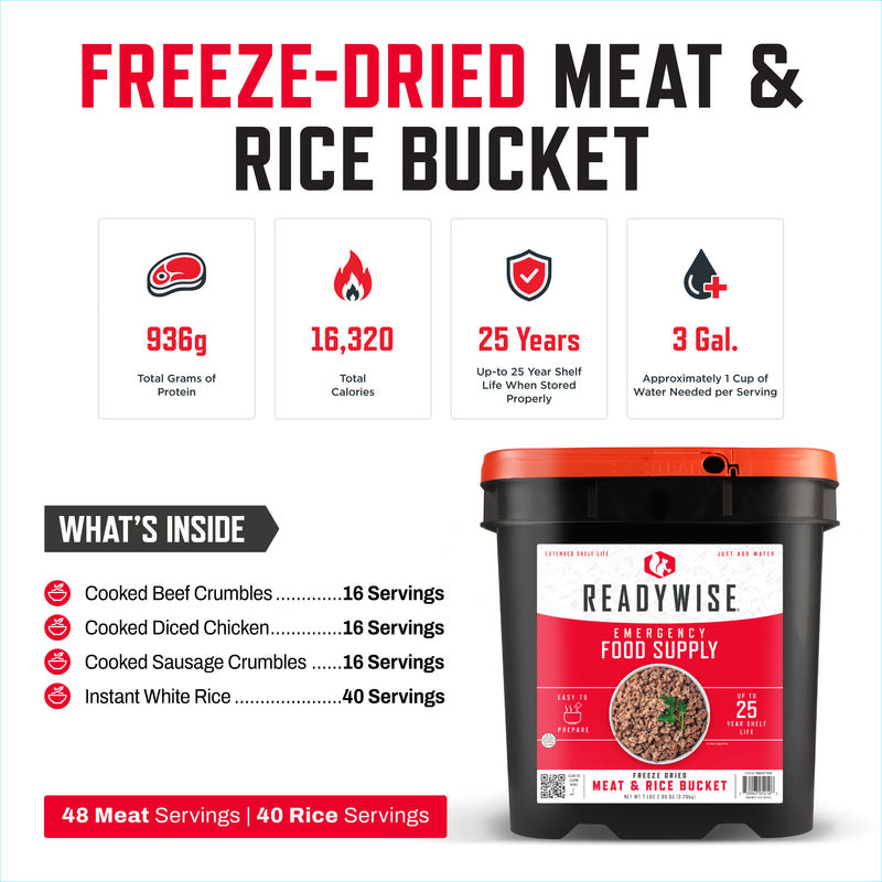 ReadyWise emergency freeze dried meat and rice bucket with four bowls of food, long shelf life