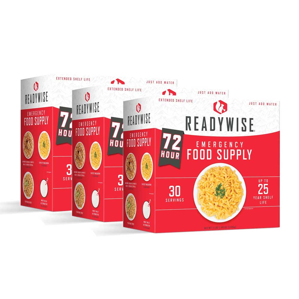 ReadyWise 72 hour emergency food supply 3-pack with 30 servings per box, red packaging