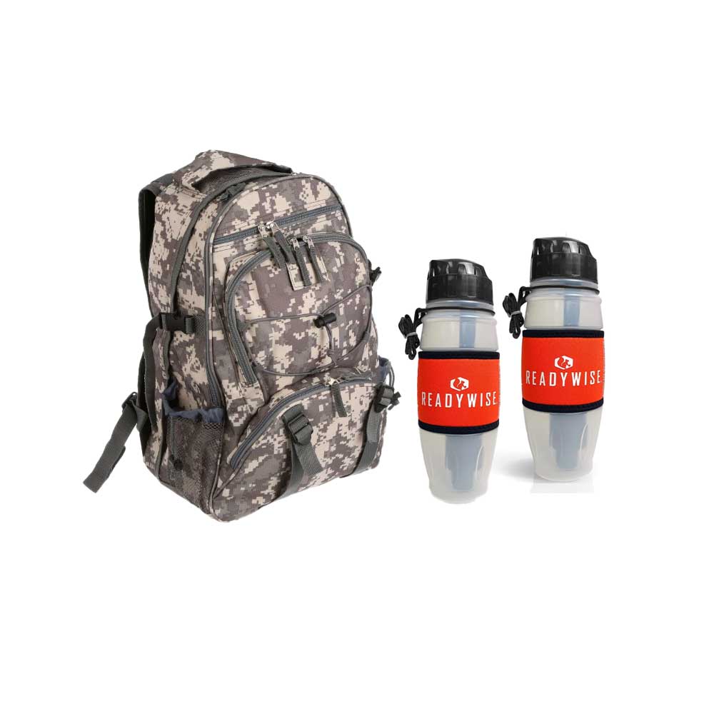 Camouflage backpack and two ReadyWise branded water bottles on white background