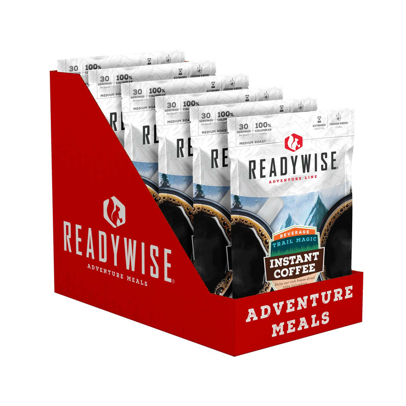 ReadyWise Adventure Meals instant coffee packets in a red display box, freeze-dried beverage