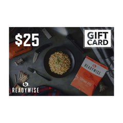 $25 ReadyWise gift card with teriyaki rice meal, survival kit, and outdoor gear.