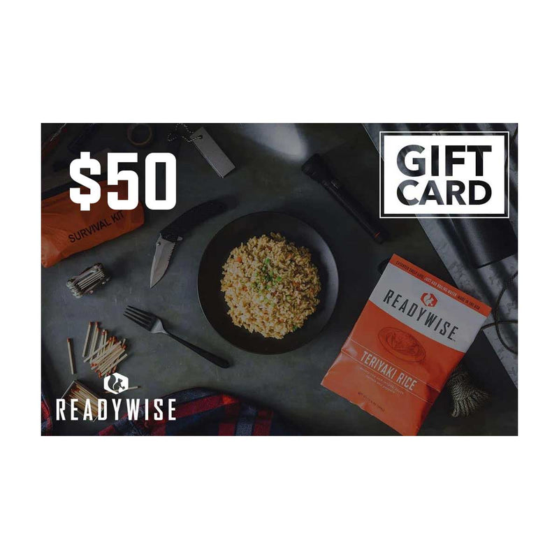 $50 ReadyWise gift card with teriyaki rice meal, survival kit, matches, and camping gear.