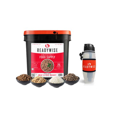 ReadyWise emergency food supply bucket with freeze-dried meat, rice, and water bottle