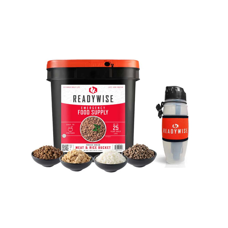 ReadyWise emergency food supply bucket with freeze-dried meat, rice, and water bottle
