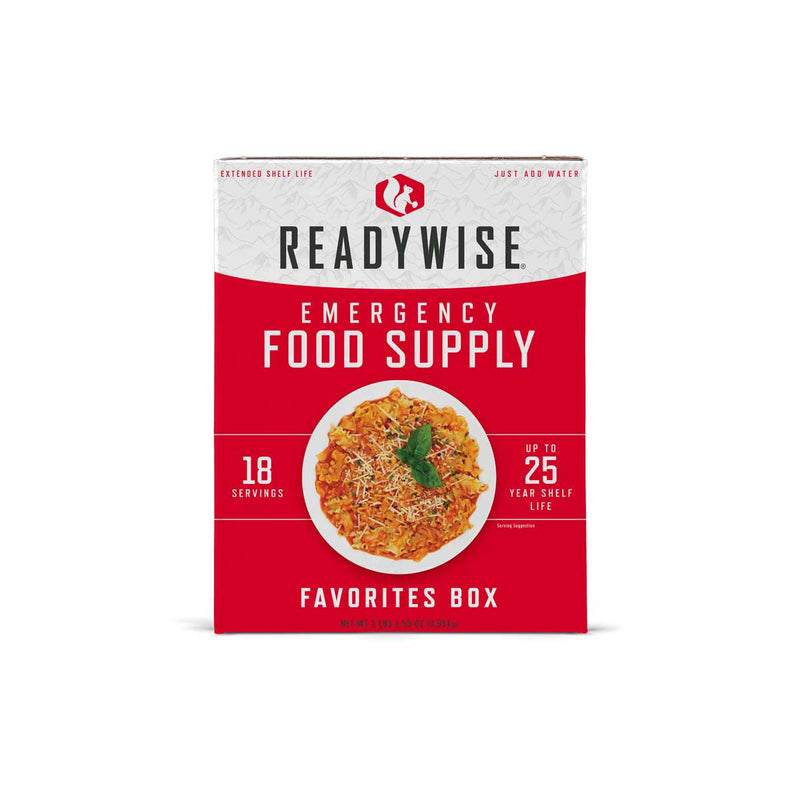 ReadyWise Emergency Food Kit - Includes Cheesy Lasagna, Creamy Pasta, and Tomato Basil Soup with Pasta Pouches.