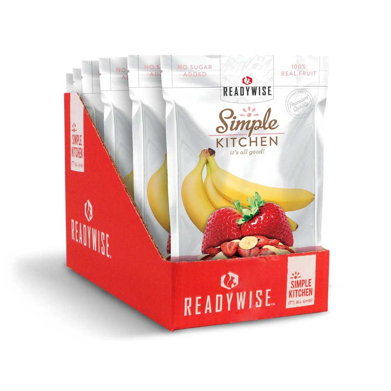 ReadyWise Simple Kitchen freeze dried strawberries and bananas snack packs in red display box