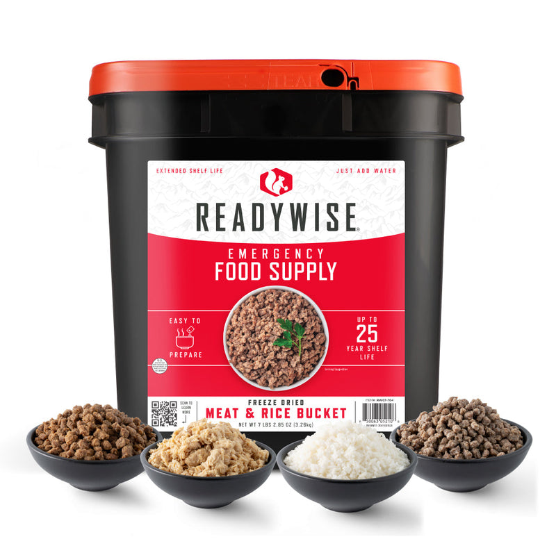 ReadyWise emergency food supply bucket with freeze-dried meat, rice, and water bottle