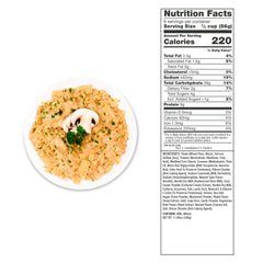 Plate of savory stroganoff garnished with mushrooms and parsley, nutrition facts label