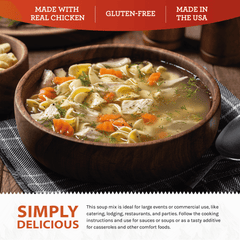 Chicken noodle soup with carrots and herbs in wooden bowl, gluten-free, made in USA