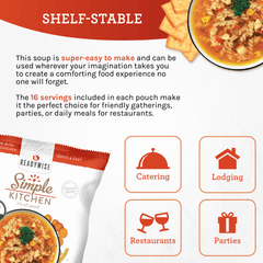 Shelf-stable Simple Kitchen chicken noodle soup packet with bowl, crackers, and service icons