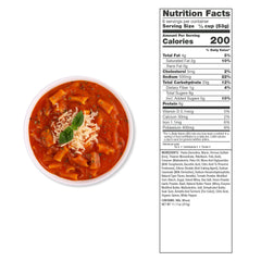 Bowl of tomato basil soup with pasta, cheese, basil garnish and nutrition facts label
