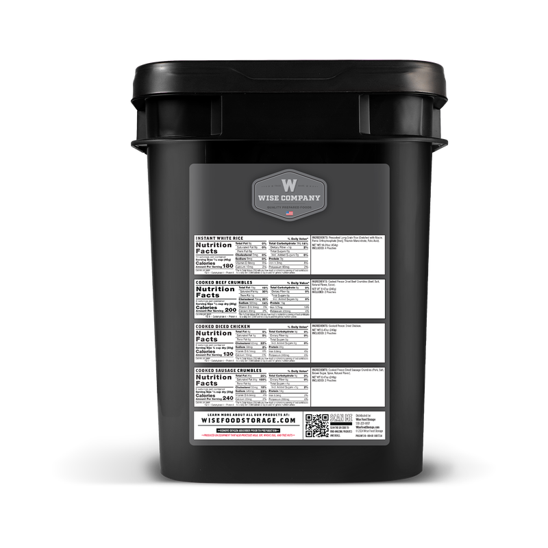 Wise Company Survival Food Meat & Rice Bucket with bowls of freeze-dried meat and rice