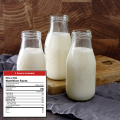 Three clear glass milk bottles filled with white milk are arranged on a wooden board over a gray cloth, with a rustic brown wood background. A product label overlay in the lower left reads '1 Pouch Included' and shows a whey milk nutrition facts panel.