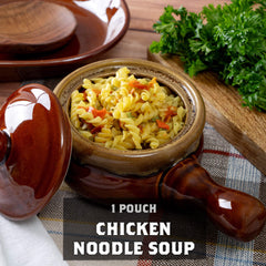 Chicken noodle soup in a brown bowl with parsley and text '1 pouch chicken noodle soup'.