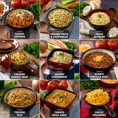 Nine meal pouches including cheesy lasagna, pasta, soups, and rice in bowls on a rustic table.