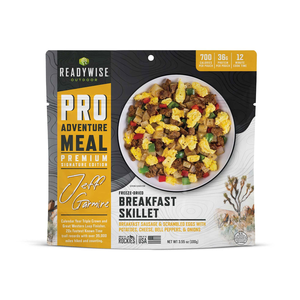 ReadyWise Pro Adventure Meal Breakfast Skillet freeze-dried food pouch with scrambled eggs, sausage, potatoes, cheese, bell peppers, and onions on the packaging.