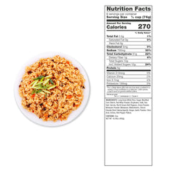 Plate of teriyaki rice with sliced green onions, next to nutrition facts label and ingredients list.