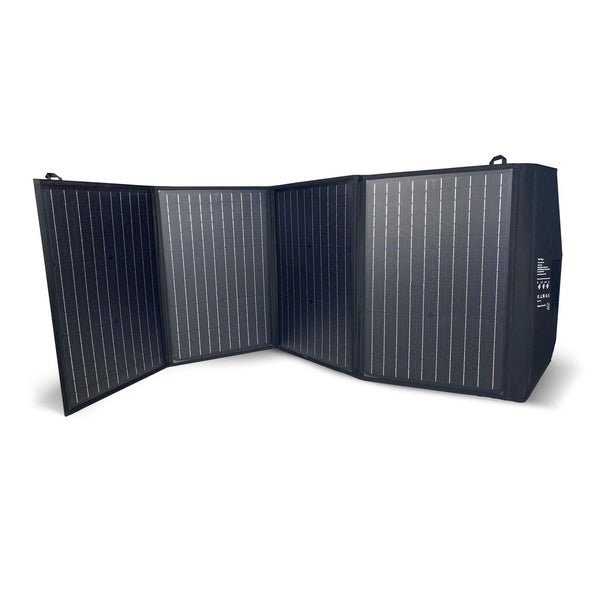 100W portable foldable solar panel with four black panels on white background