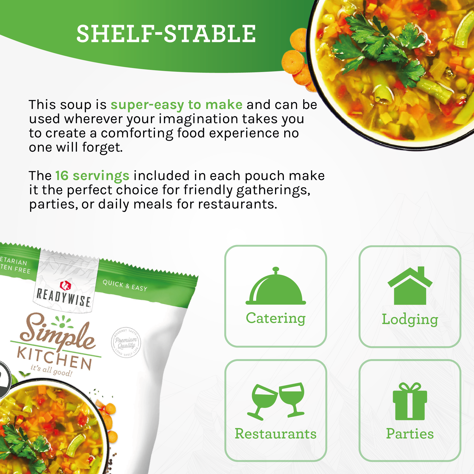 READYWISE - Simple Kitchen, Chicken Noodle Soup, 24 Servings, 6 Packs,  Vegetarian, Vegetable Soup, MRE, Ready To Eat Meals, Freeze Dried Food,  Hiking