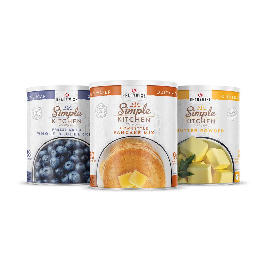 ReadyWise Simple Kitchen sweet breakfast bundle with pancake mix, freeze-dried blueberries, and butter powder cans